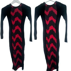 Black & Red Chevron Long Sleeve Bodycon Midi Dress – Stretchy & Comfortable